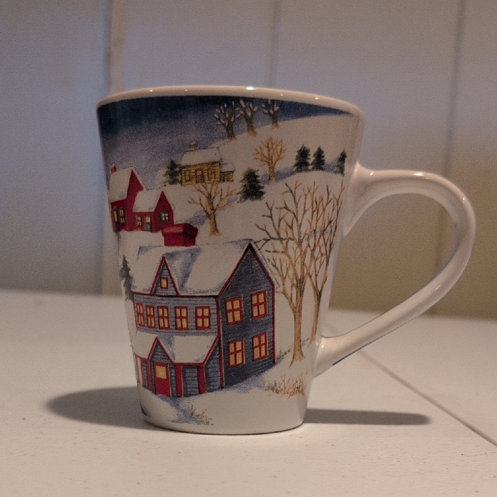 White and Blue Winter Village Ceramic Mug